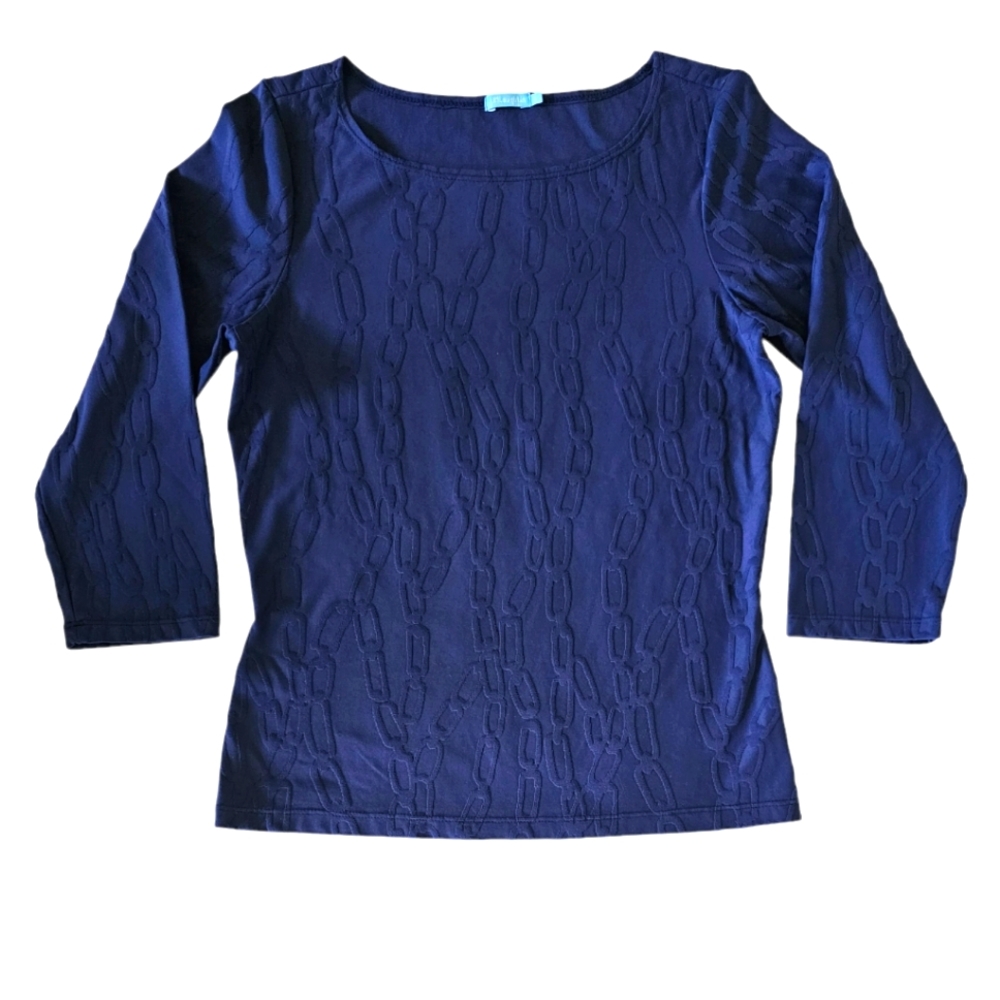 J. McLaughlin Embossed Chain Link Pattern Top Three Quarter Sleeve Navy Blue
